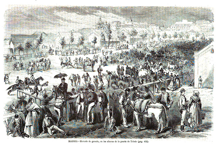 Mercado de ganado espa&ntilde;ol en 1872, imagen de contexto para comprender la feria ganadera de Padul del siglo XIX