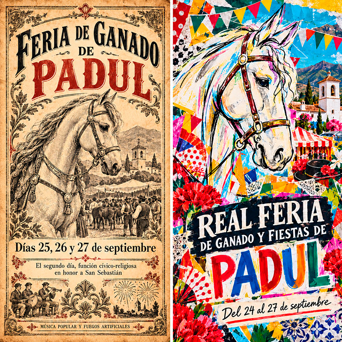 Recreaci&oacute;n visual en dos carteles de la Feria de Ganado de Padul, uno de estilo antiguo y otro contempor&aacute;neo, basada en los datos del estudio