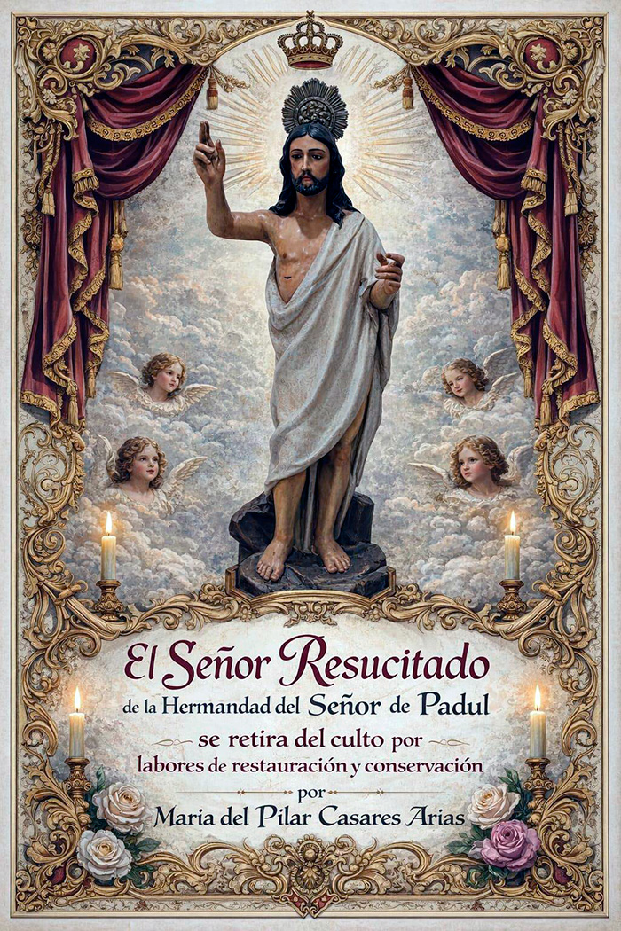 Cartel anunciador de la restauraci&oacute;n del Se&ntilde;or Resucitado de Padul, con la imagen de Cristo Resucitado enmarcada por ornamentaci&oacute;n dorada, cortinajes rojos y &aacute;ngeles entre nubes.